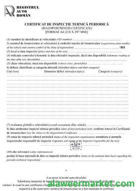 Romania Registrul Auto Român Periodic technical inspection certificate (roadworthiness certificate)